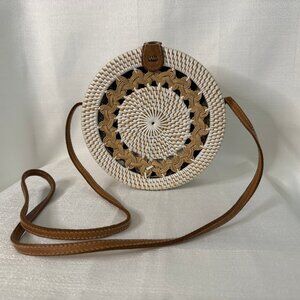 Round Woven Rattan Braided Summer Bag; Cream & White; Cross-body; Leather accent